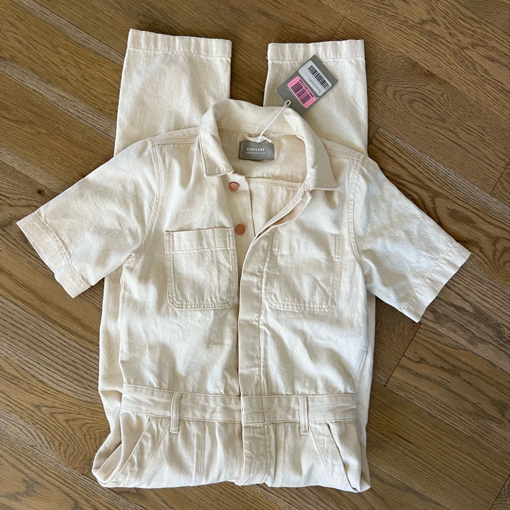 NWT Everlane Short Sleeve Denim Coveralls. Jumpsuit. Romper. Cream. Size 0